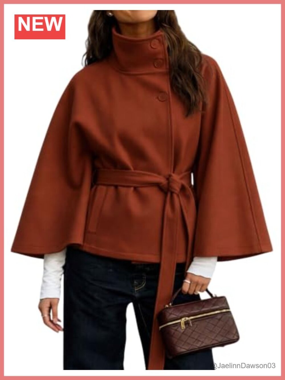 Wool Blend Batwing Sleeve Belted Cape Poncho Pea Coat Winter Overcoat